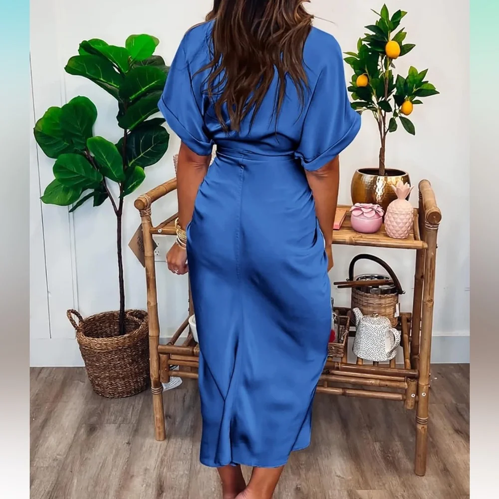 Elegant Ruched Shirt Blue Button-Down Satin Dres Size Medium - Picture 2 of 3